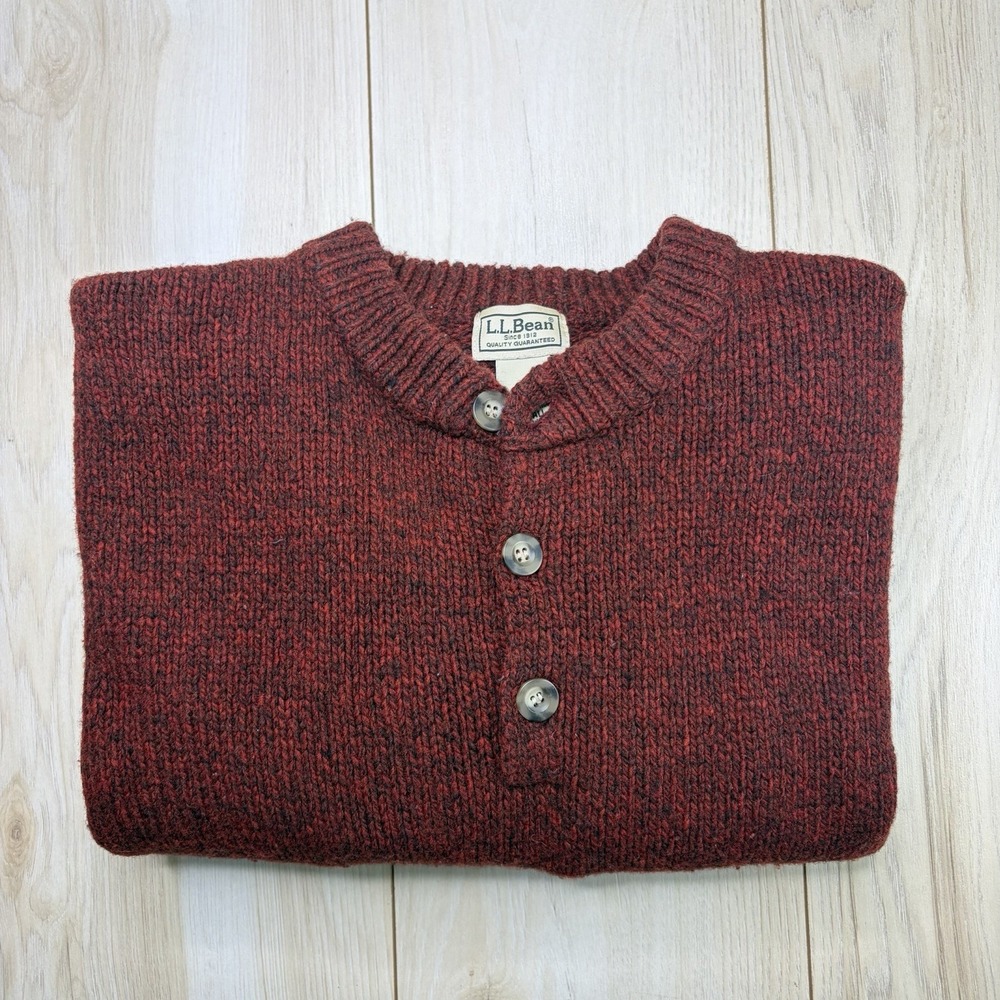 LL Bean Mens 100% Lambs Wool Henley Sweater Red Size XL Tall Heavy Knit